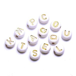 15 Acrilico Cuenta Letras Disco 6mm Blanco/Dorado- 180pzas aprox (25 grms)