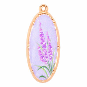 Acero Dije Esmalte Oval Flores Lila  30mm Dorado (1 pza)