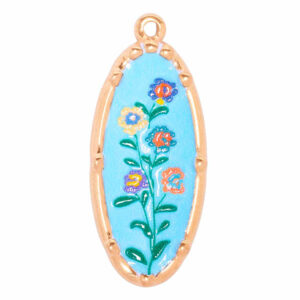 Acero Dije Esmalte Oval Flores Colores  30mm Dorado (1 pza)